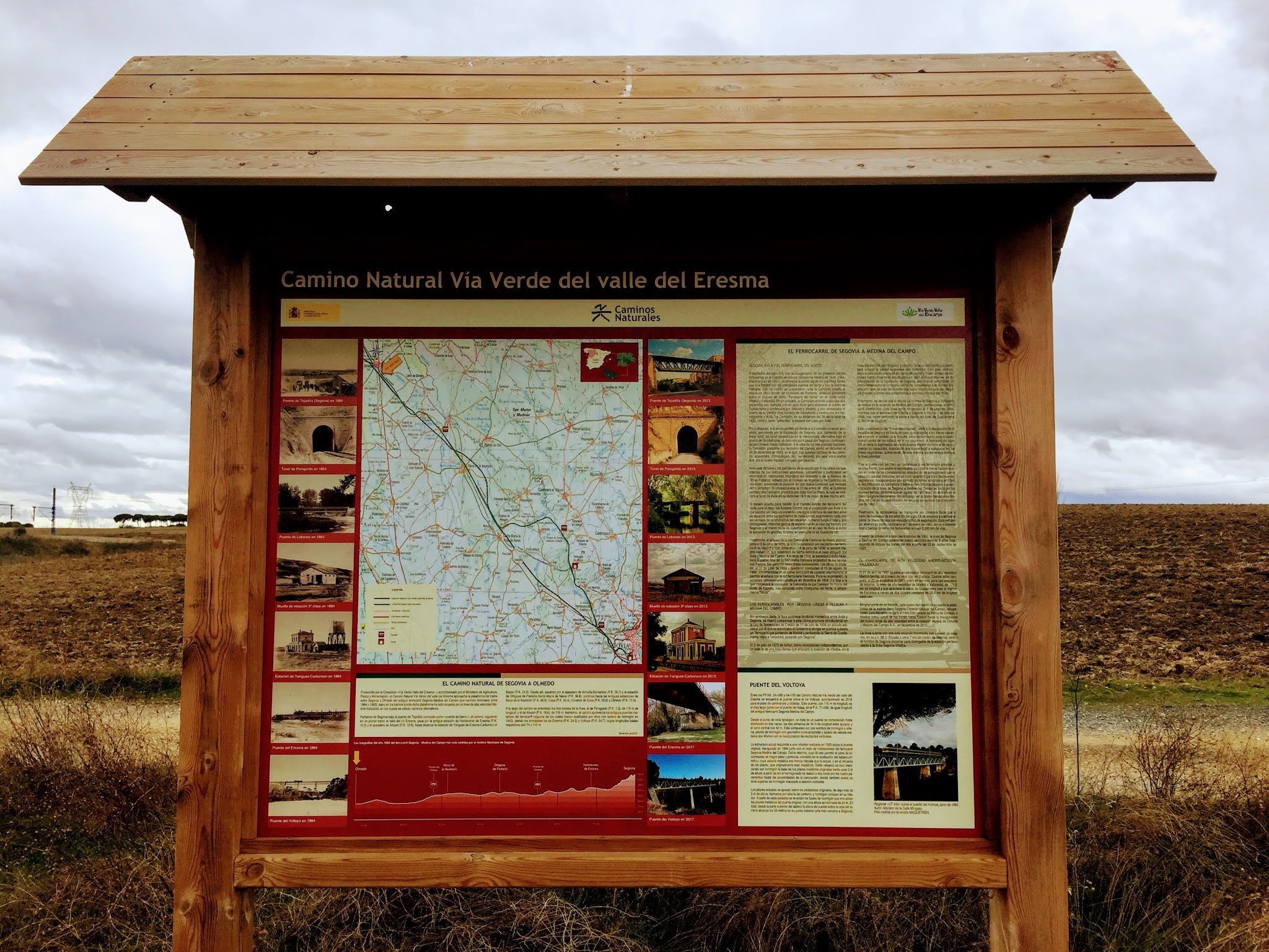 Cartel informativo de la Vía verde del valle del Eresma mostrando su ruta y monumentos relevantes